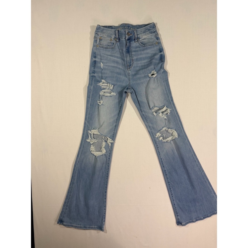 American Eagle High Waisted Flare Distressed Jeans Light Wash Stretch Size 0